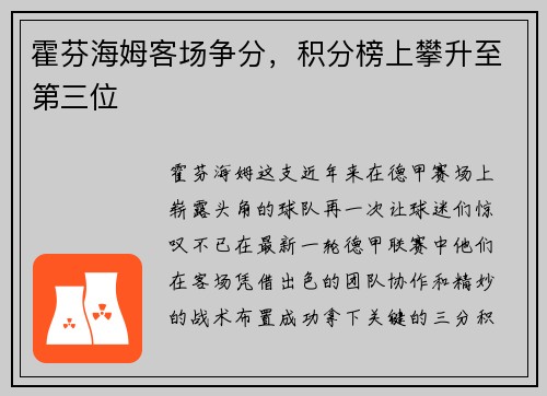 霍芬海姆客场争分，积分榜上攀升至第三位